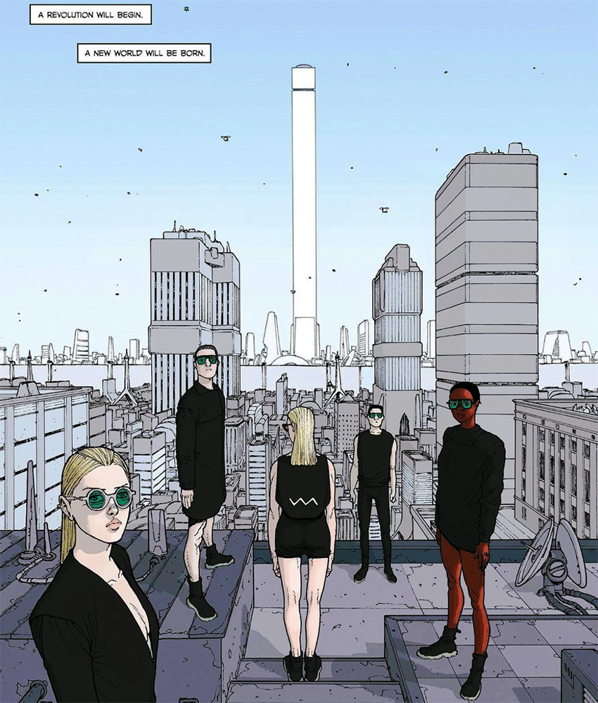 immagine fumettistica raffigurante cinque ragazzi vestiti di nero su un tetto a Tokio che indossano occhiali Vava eyewear